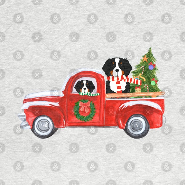 Bernese Mt Dogs Red Christmas Truck by EMR_Designs